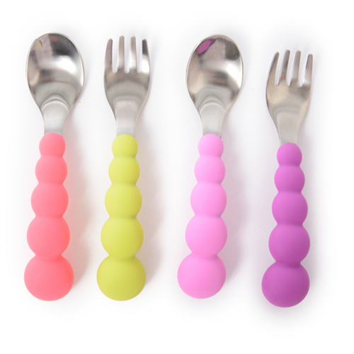 Baby Safety Utensils Silicone & Stainless Steel Spoon or Fork Feeding Flatware 
